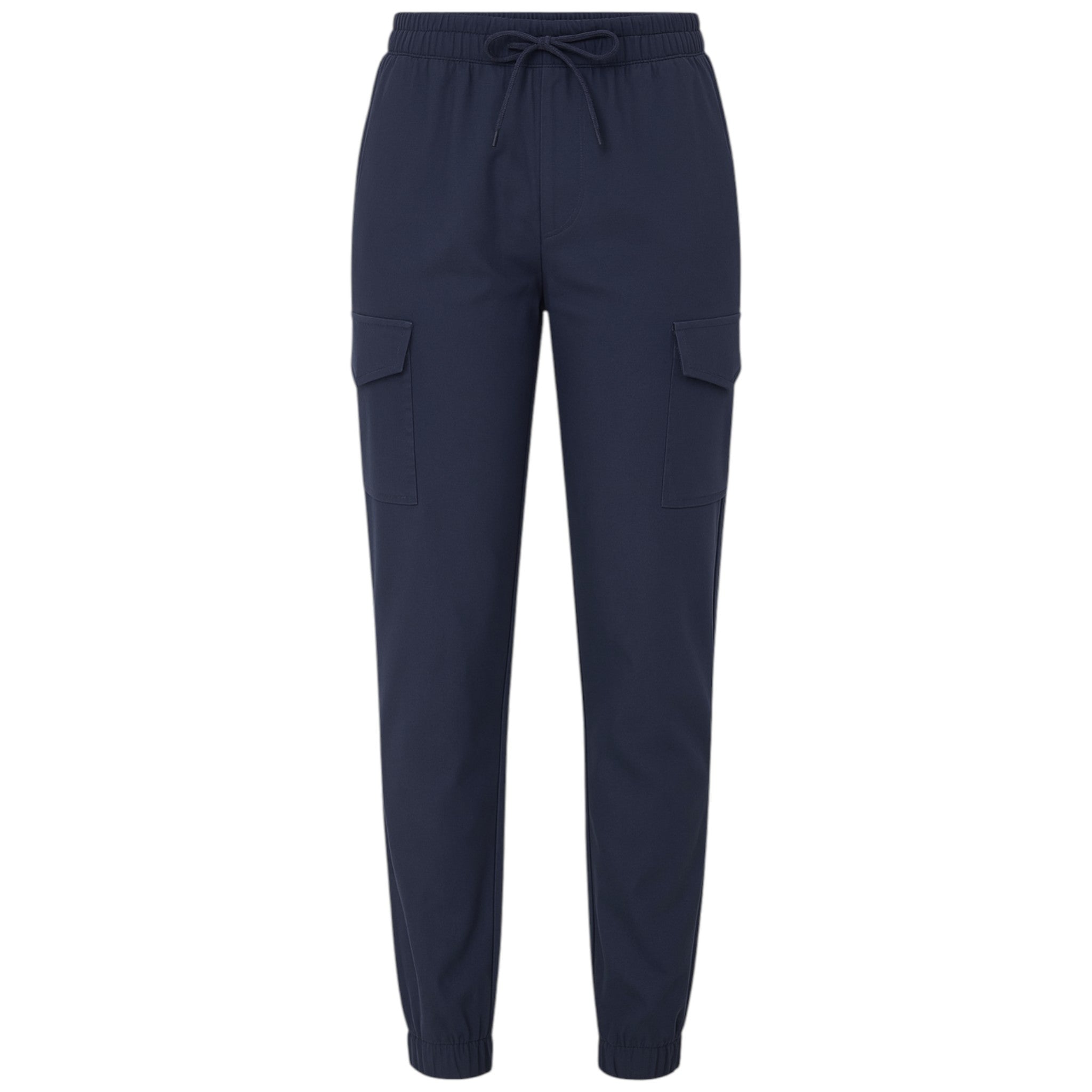 Ladies high quality stretch cargo trousers in navy blue with elastic waistband, drawstring tie, and side pockets